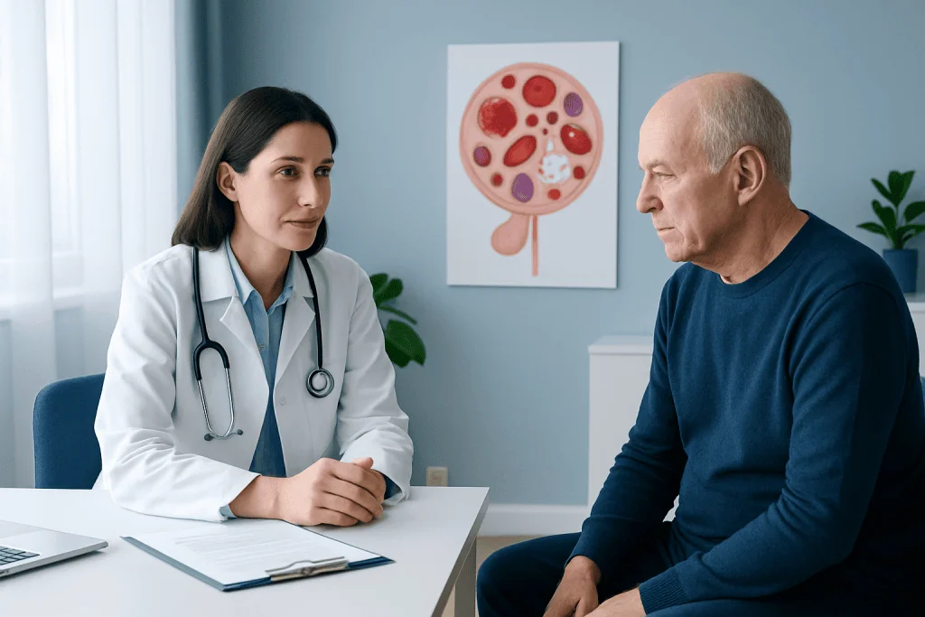 Doctor consulting with a patient about blood health and blood cancer signs.