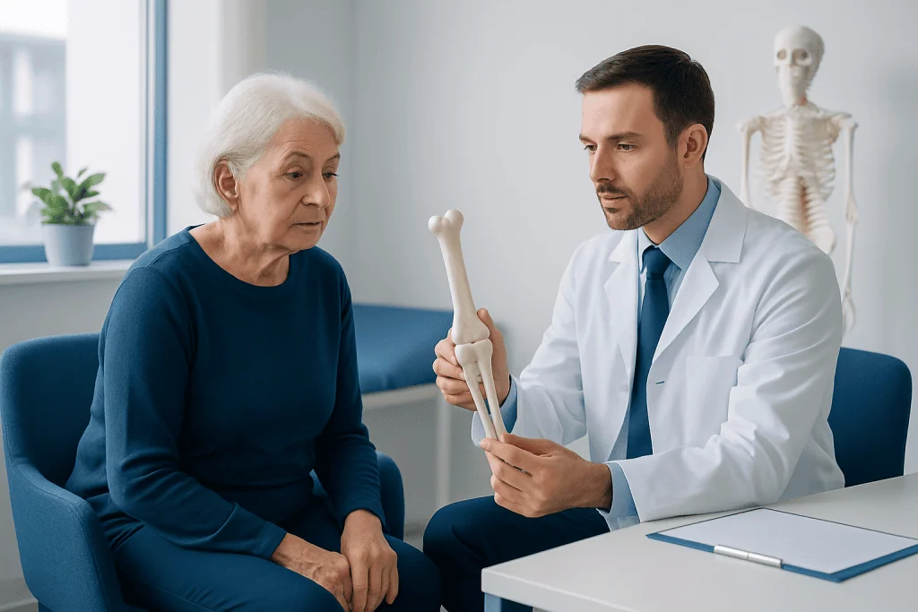 Doctor explaining bone health to elderly woman in a medical consultation.