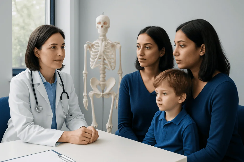 Doctor consulting with a family about child's health in a medical office.
