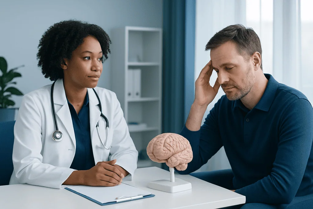 Doctor explaining brain health to patient with brain model in clinic.