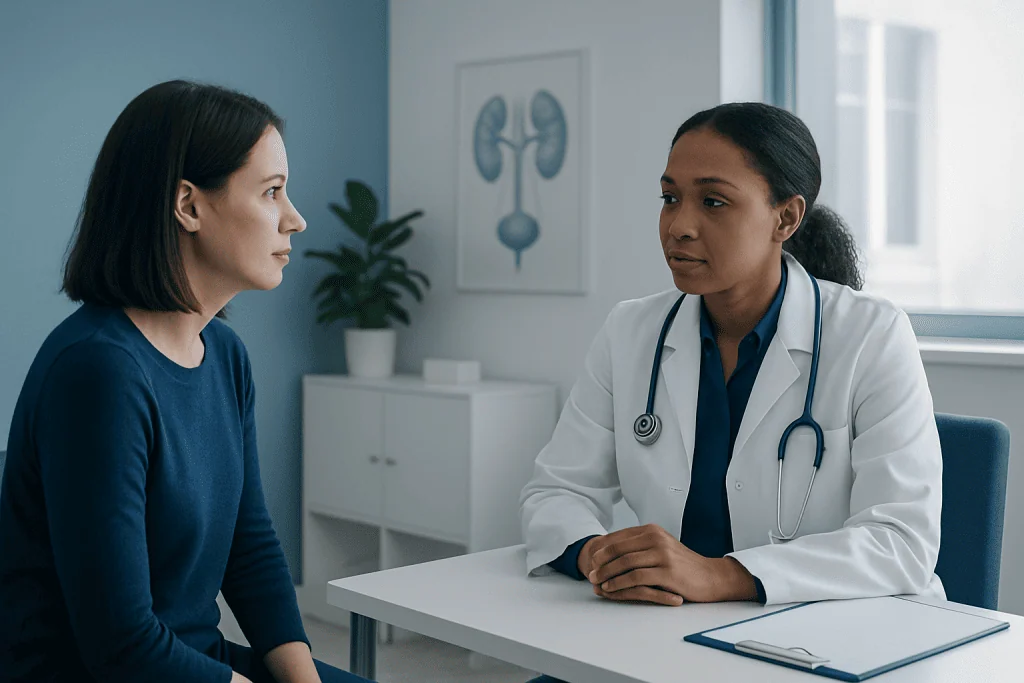 Doctor consulting with a patient about health concerns in a medical office.
