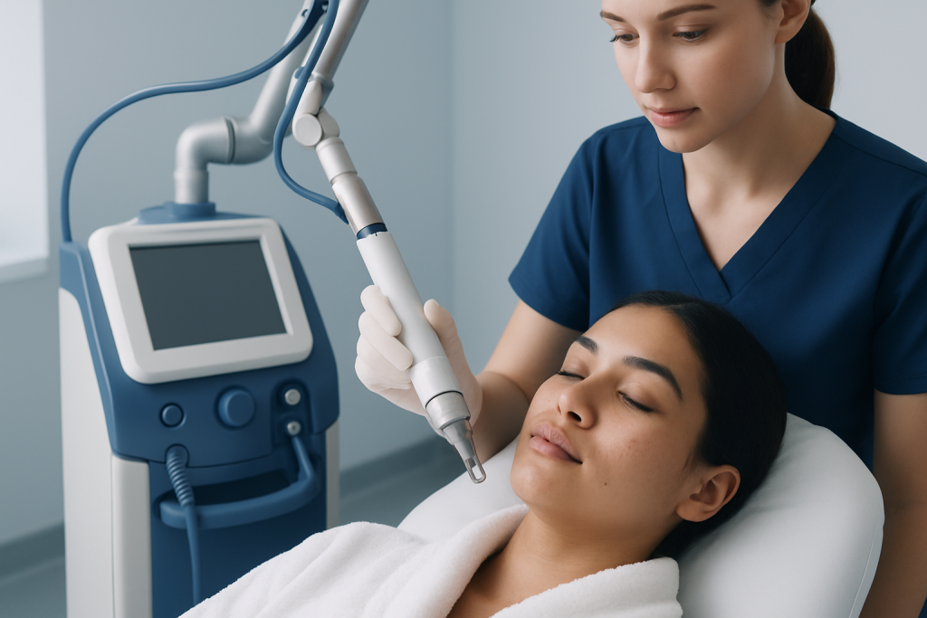 Medical professional performing laser treatment on a patient's face at Acibadem Hospital.