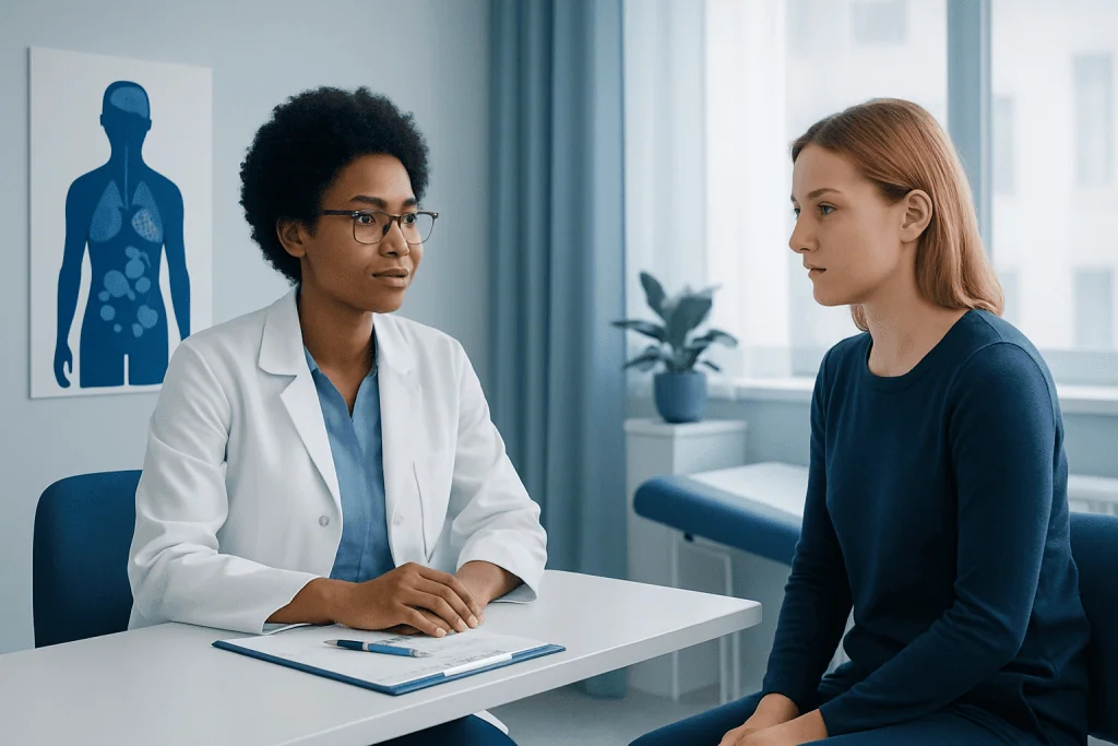 Doctor consulting with a patient in a medical office setting.