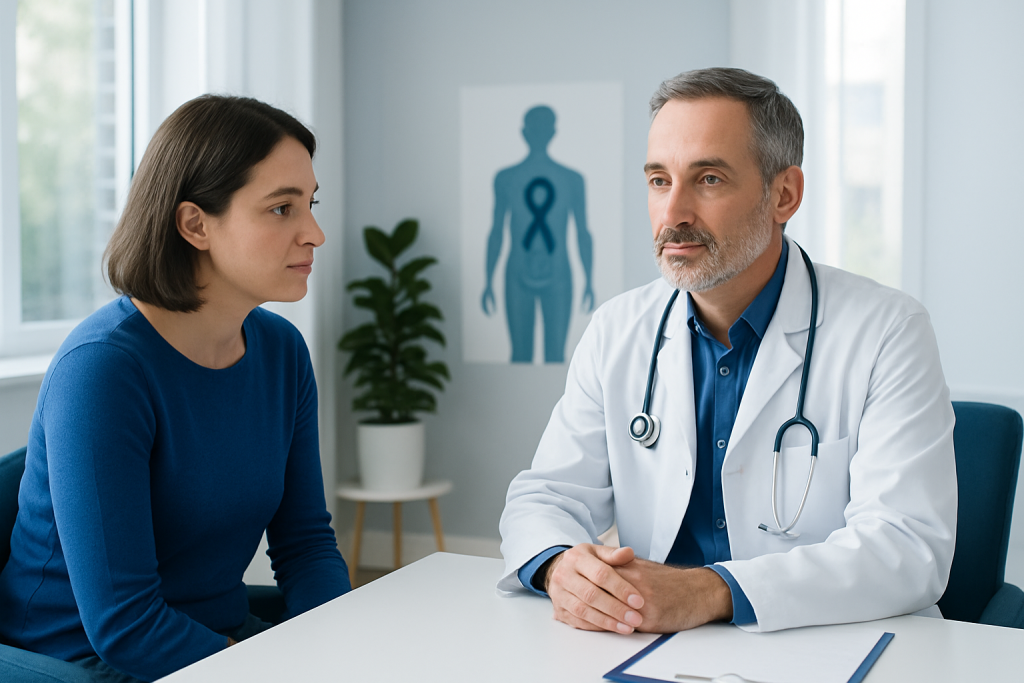 Doctor consulting with a patient in a medical office with cancer awareness poster.