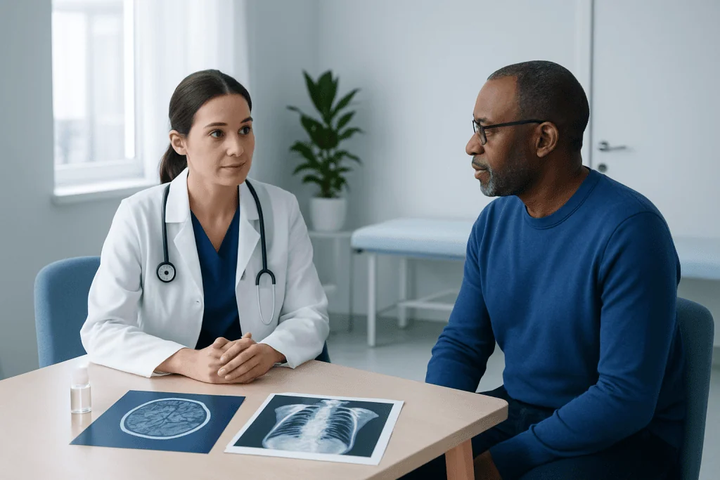 Doctor discussing contrast dye MRI and CT with patient in consultation room.