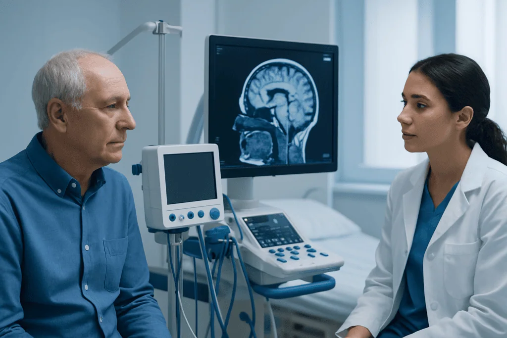 Doctor discussing brain scan results with elderly patient in hospital.