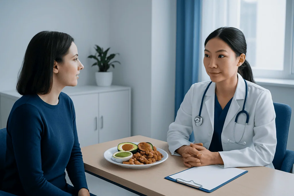 Doctor discussing healthy fats with patient in a consultation room.