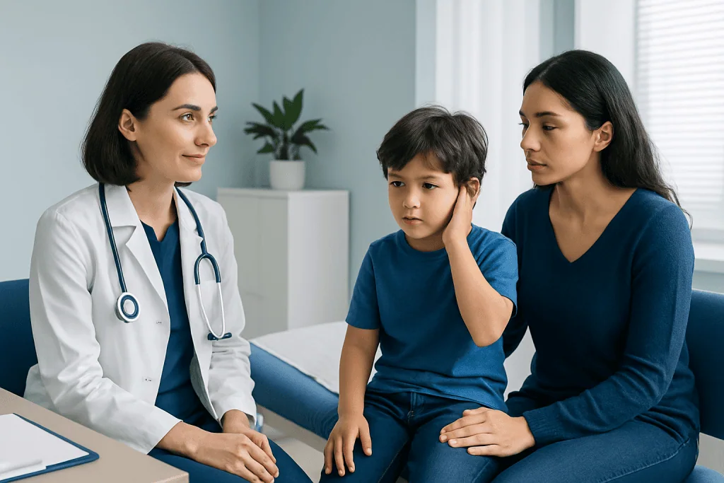 Doctor consulting a young boy with ear pain, mother present, in a clinic setting.