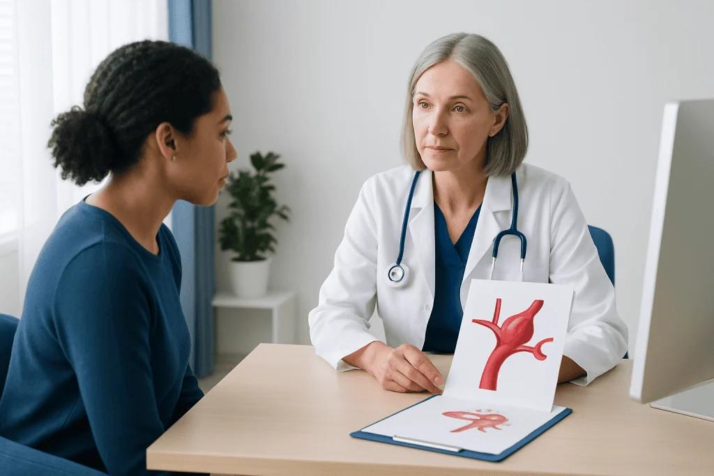 Doctor explaining brain aneurysm treatment options to patient.