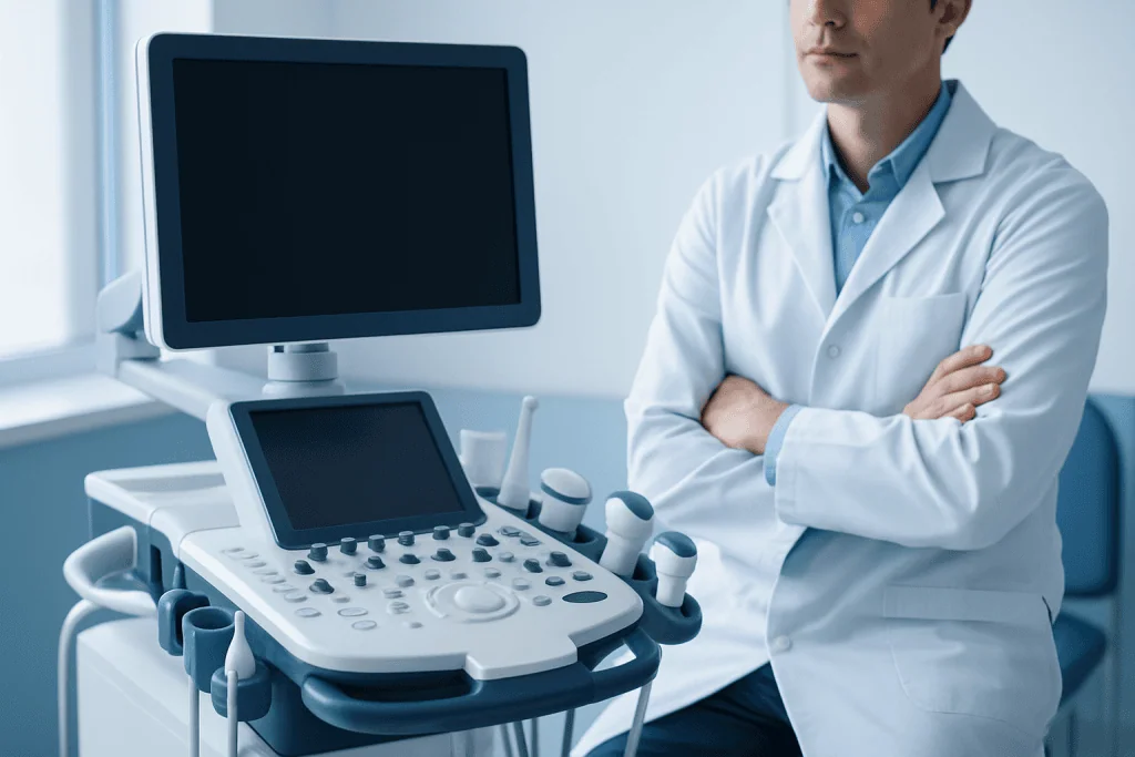 Medical professional with ultrasound machine in a clinical setting.