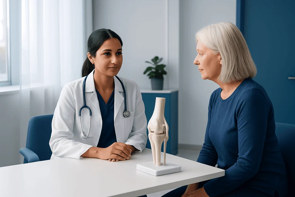Doctor explaining fibrous joint structure to elderly patient in clinic.