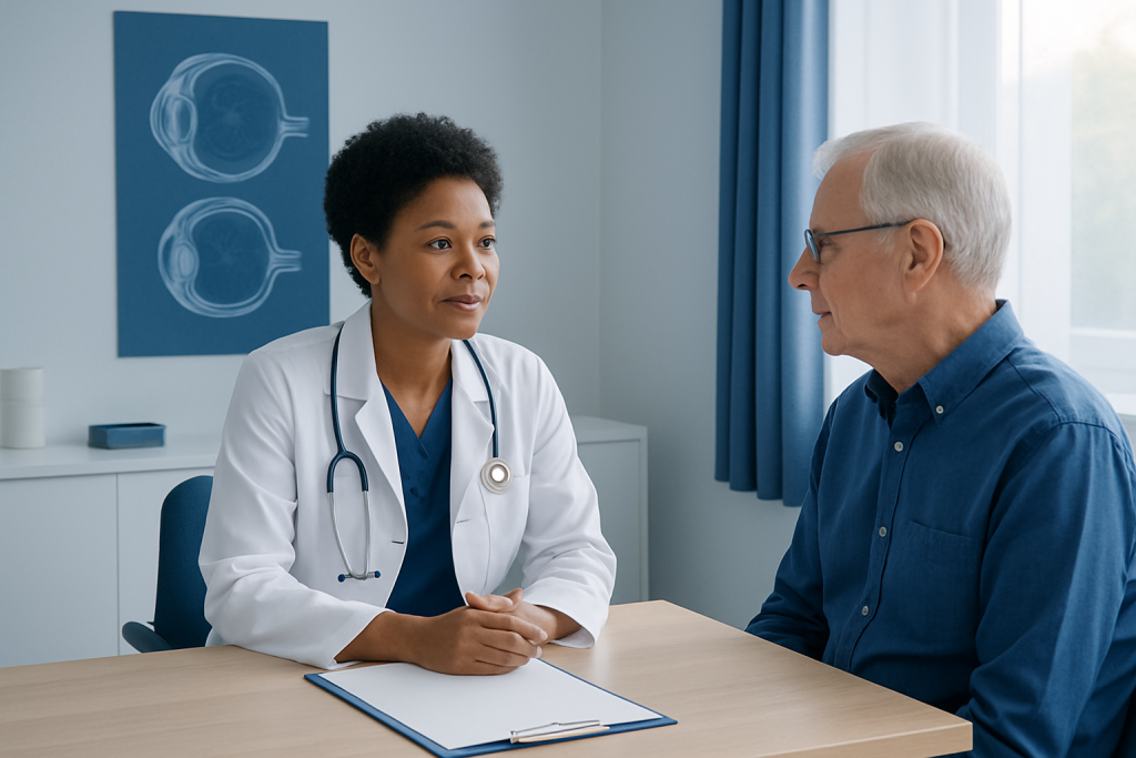 Doctor consulting with elderly patient in a medical office.