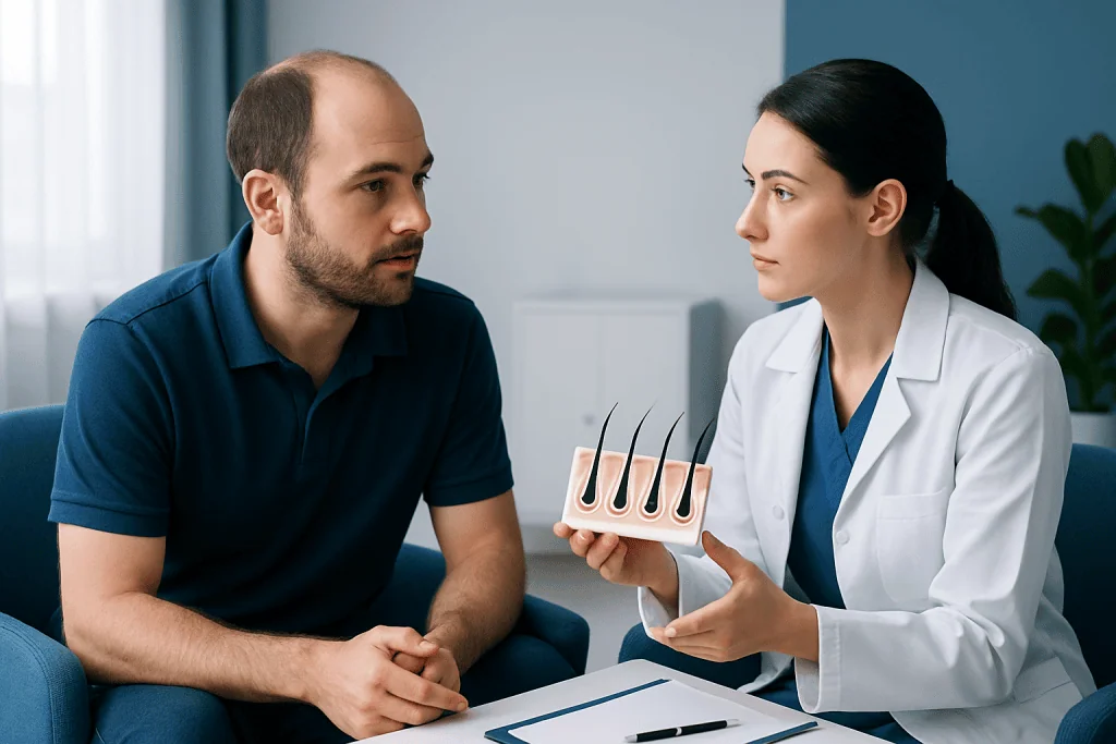 Doctor explains hair transplant options to male patient in consultation room.
