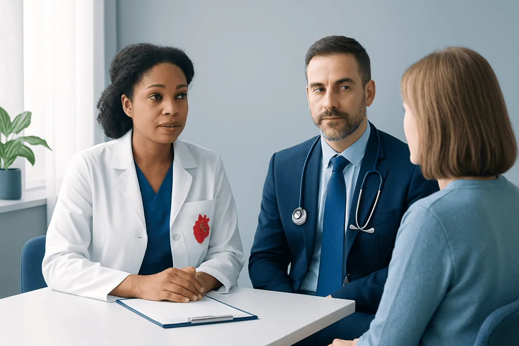 Heart specialist and cardiologist consulting with a patient in a medical office.