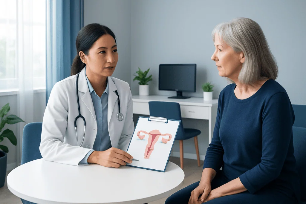 Gynecologist discussing uterine health with a patient in a consultation room.