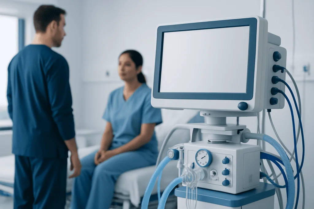 Medical professionals discussing patient care in a hospital room with ventilator equipment.