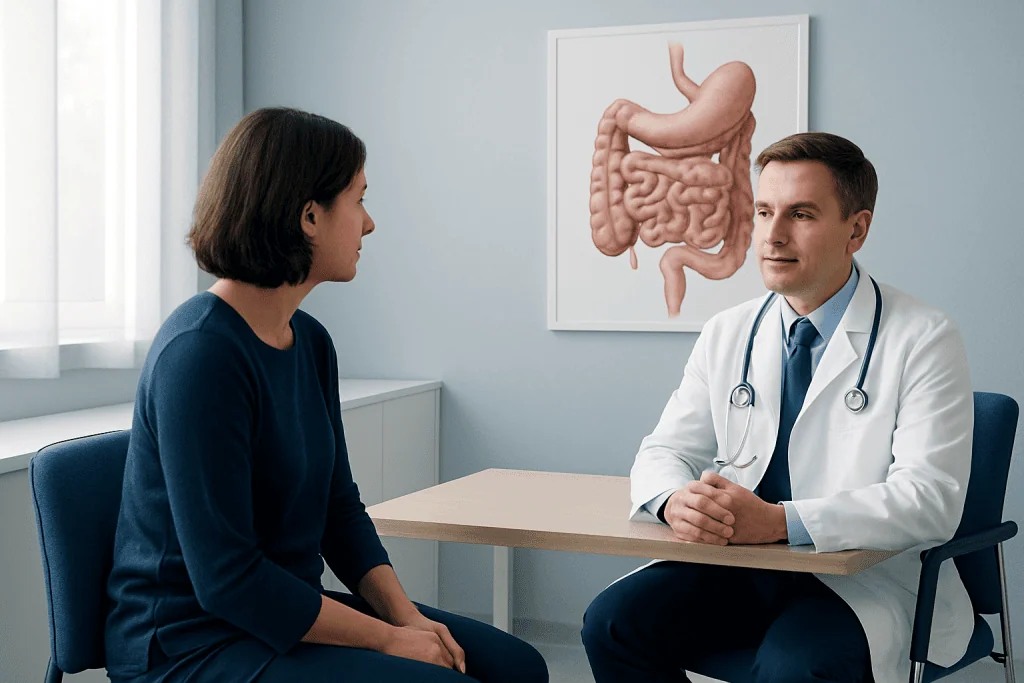 Doctor consulting with patient about small bowel transplant at Acibadem Hospital.