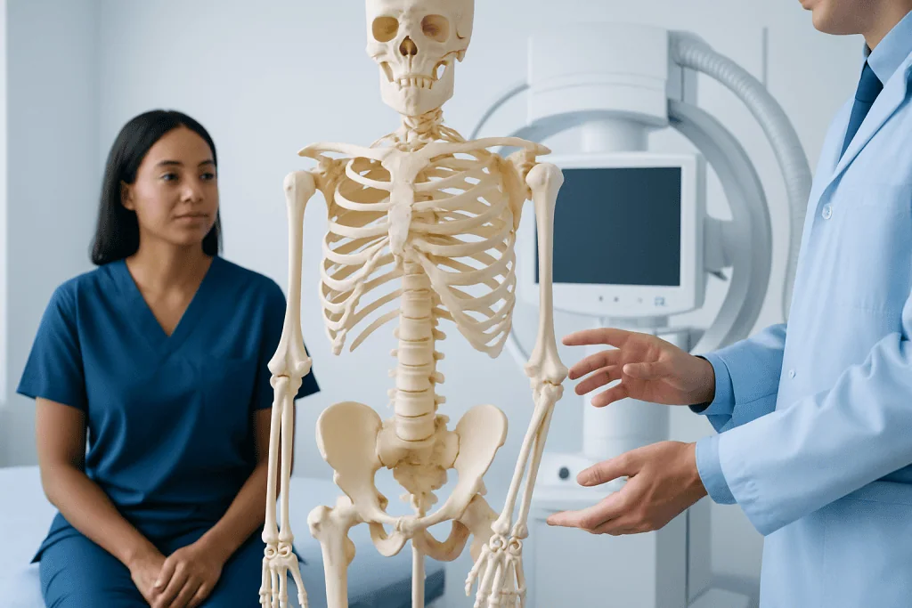 Medical professional explaining joint anatomy with a skeleton model in a clinical setting.