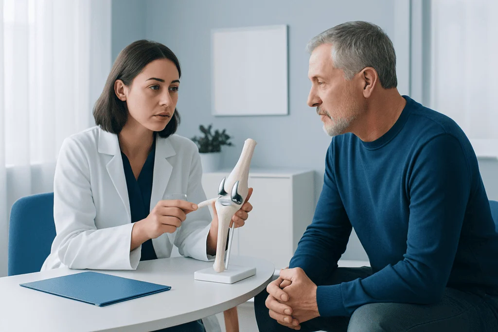 Doctor explaining knee joint model to patient in consultation room.