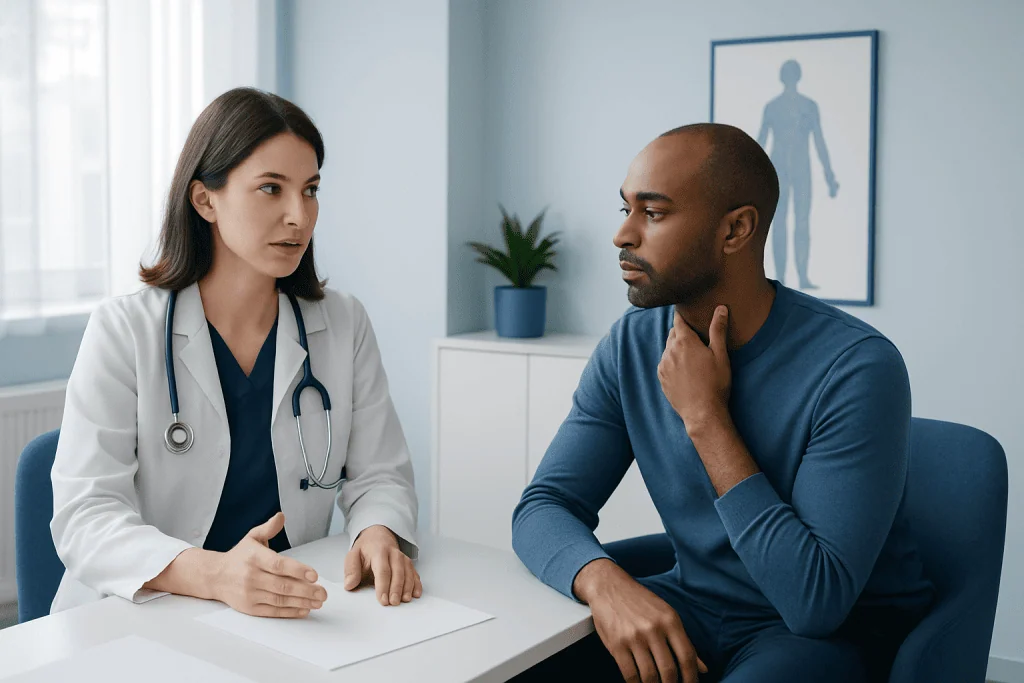 Doctor consulting with patient in a medical office setting.