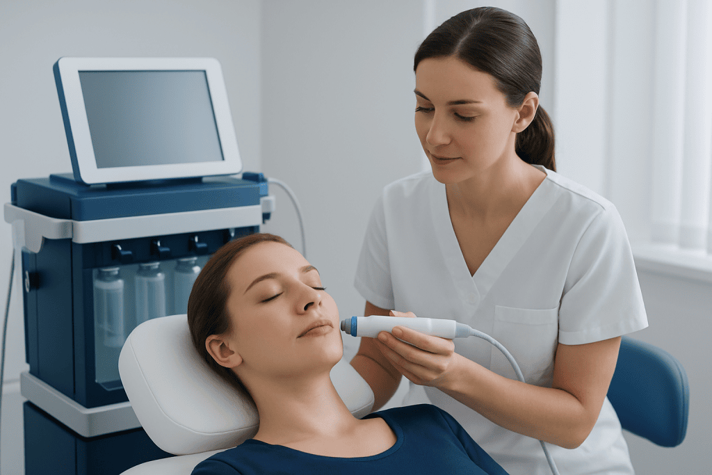 Medical professional performing facial treatment with advanced equipment.