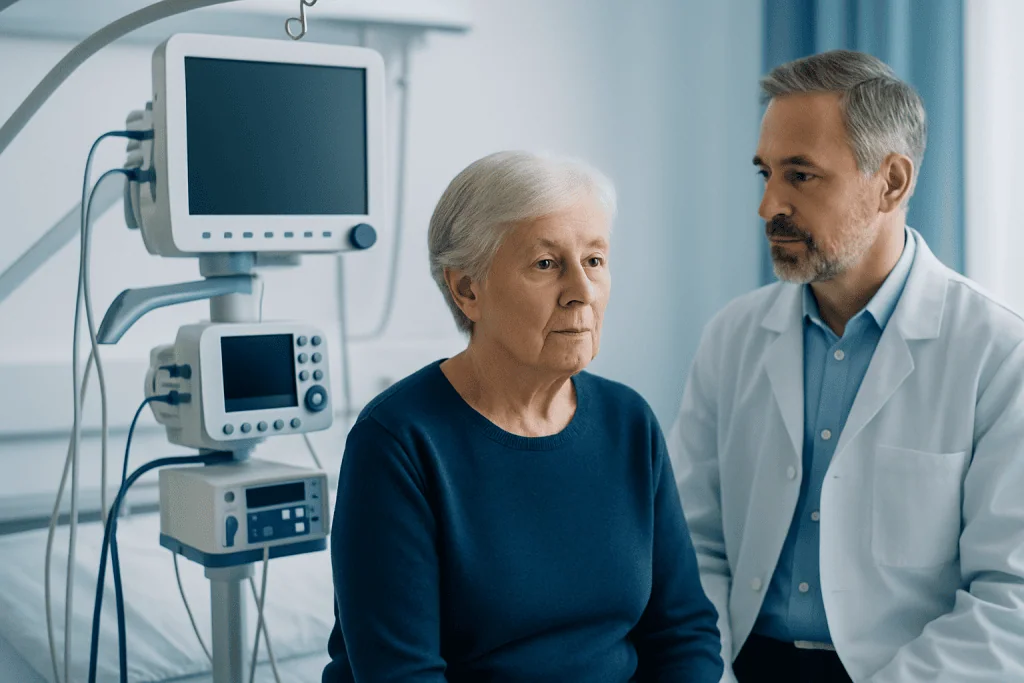 Doctor consulting with an elderly woman in a hospital room with medical equipment.