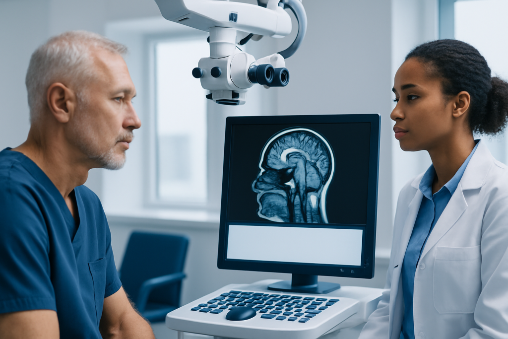 Doctor and patient discussing brain scan in a medical setting.