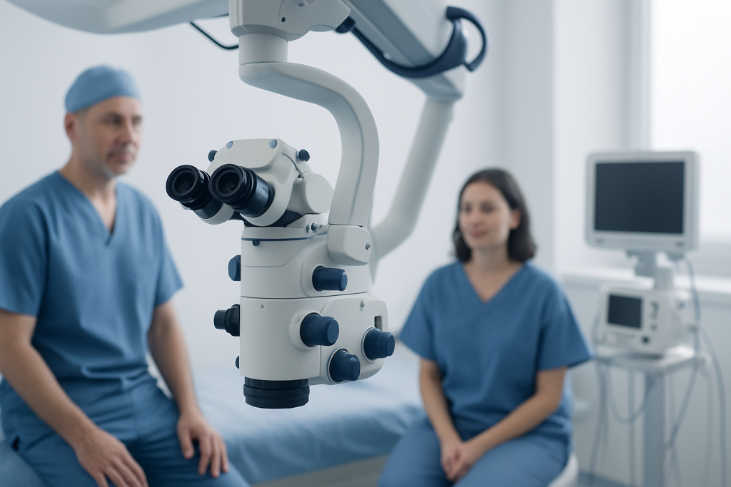 Medical professionals in a hospital with advanced surgical equipment and microscope.