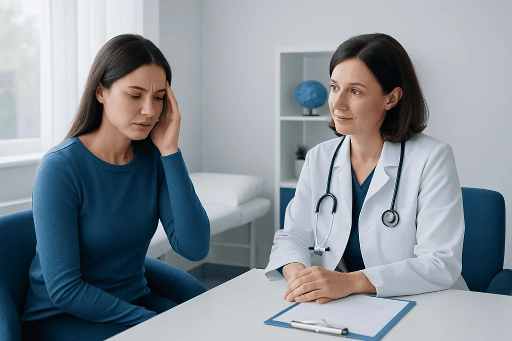 Doctor consulting with a patient about chronic migraine treatment options.