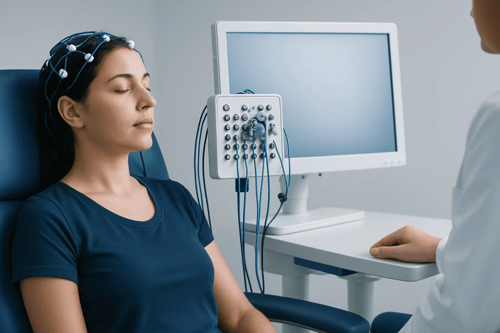 Patient undergoing neurophysiology test with electrodes attached to head.