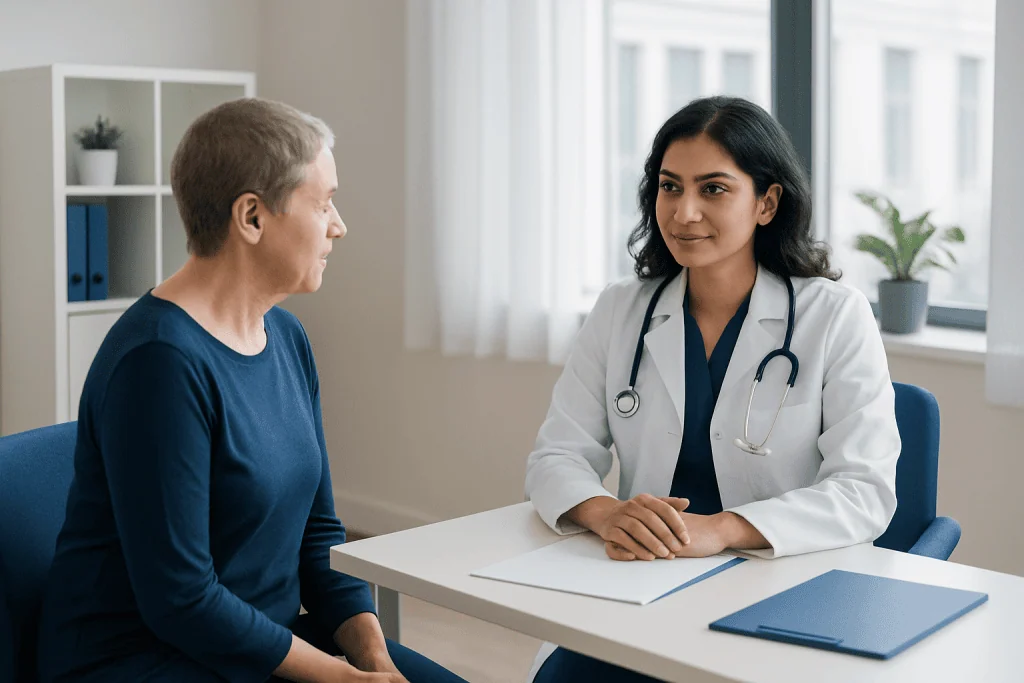 Oncologist consulting with a patient in a modern hospital office.