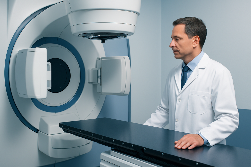 Oncologist reviewing MRI scan in a modern hospital setting.