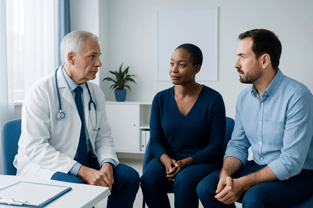 Doctor consulting with a patient and her partner in a medical office.