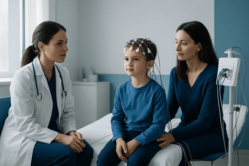 Child undergoing EEG test with medical staff in hospital.
