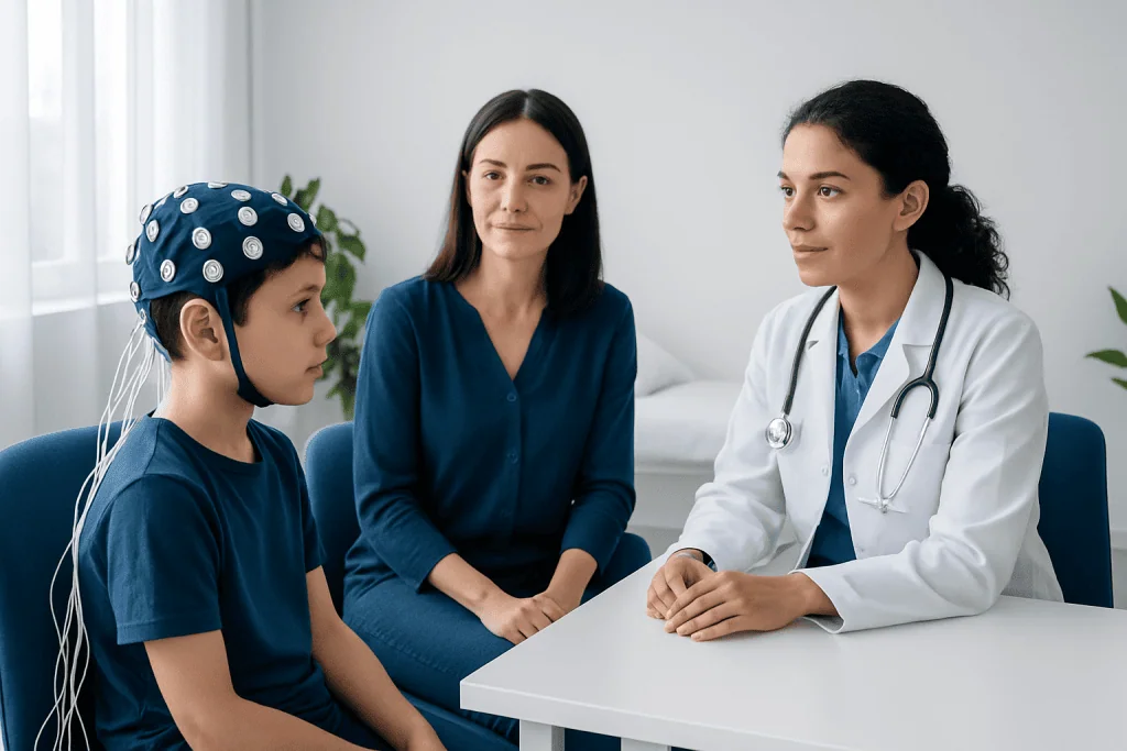 Child undergoing EEG test with medical staff and parent present.