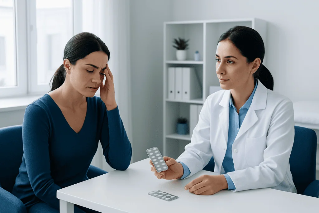 Doctor discussing medication options with a patient experiencing headache.