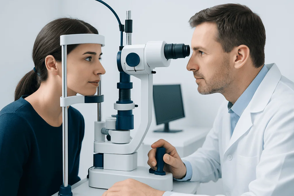 Optometrist examines patient's eyes with slit lamp in clinic.