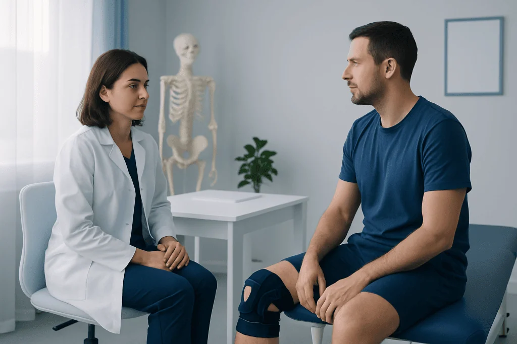 Doctor consulting with patient in a medical office with skeleton model in background.