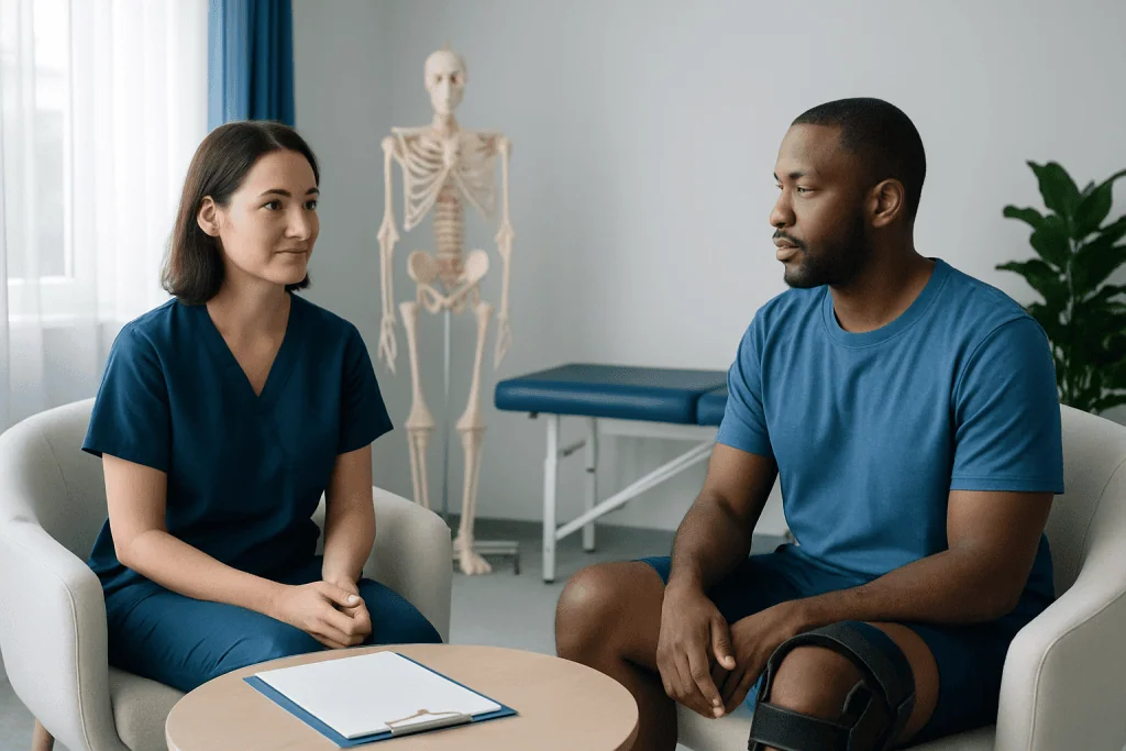 Physical therapy session with a therapist and patient in a clinic setting.