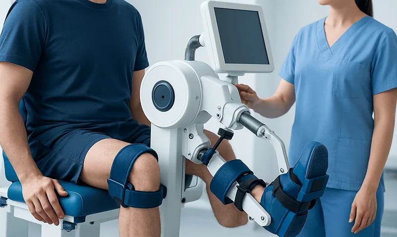 Patient undergoing rehabilitation therapy with robotic leg device at Acibadem Hospital.