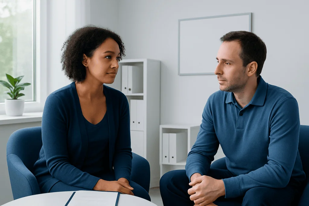 Therapist and patient in a counseling session at Acibadem Hospitals Group.