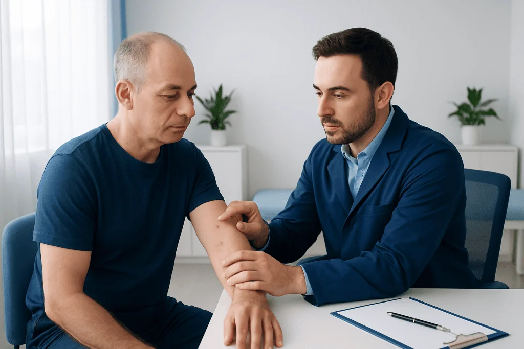 Doctor examining a patient's skin for signs of skin cancer.