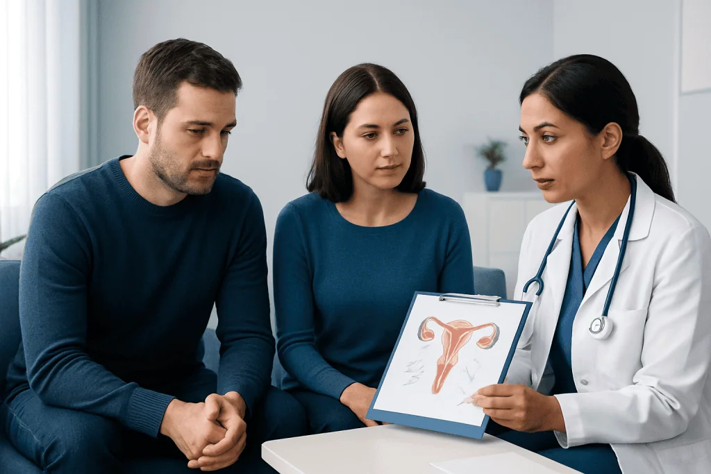 Fertility specialist explains reproductive health to a couple with uterine diagram.