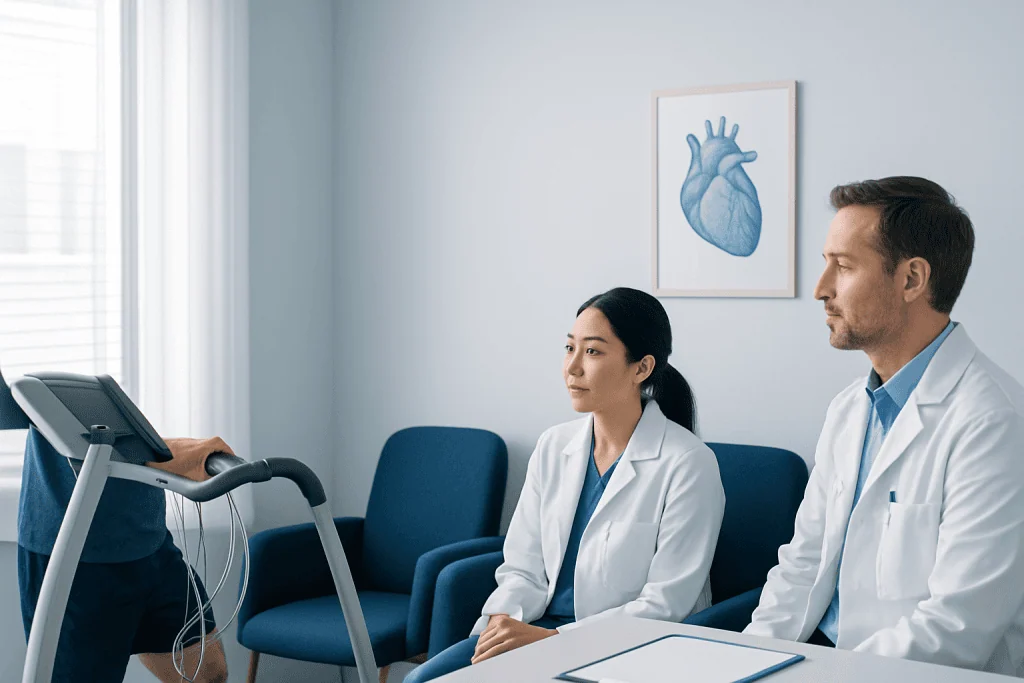 Doctors conducting a stress test on a patient in a medical clinic.