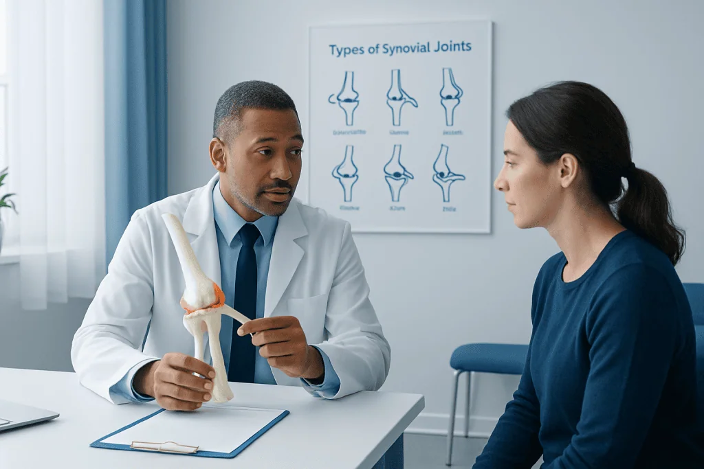 Orthopedic doctor explaining synovial joints to a patient in a clinic.