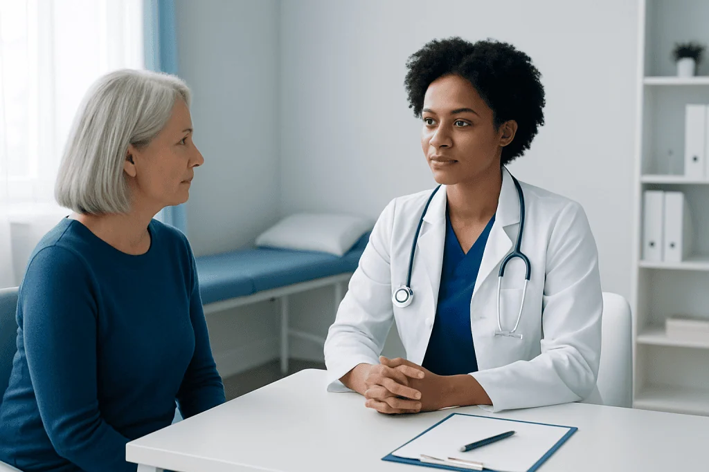 Doctor consulting with an elderly patient in a medical office.