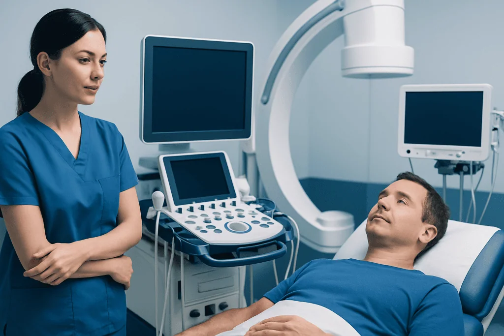 Medical professional and patient in a modern hospital room with advanced imaging equipment.
