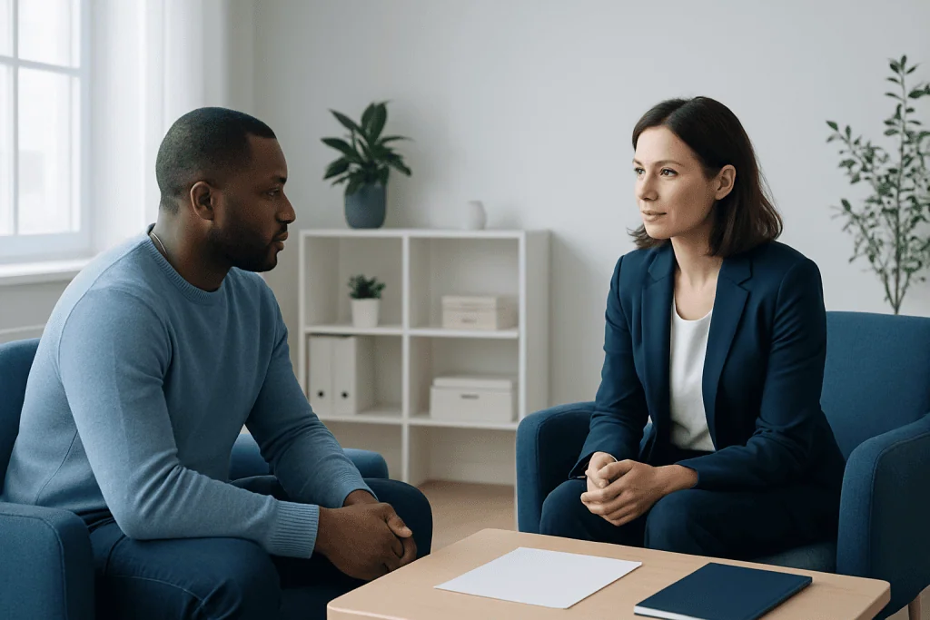 Therapist and patient in a counseling session at Acibadem Hospitals Group.