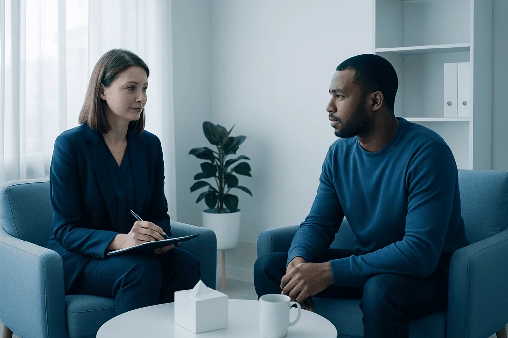 Therapist and patient in a counseling session at Acibadem Hospitals Group.