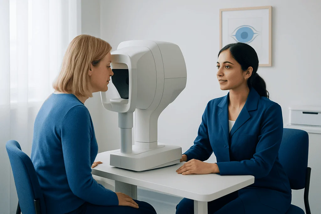 Patient undergoing eye test with advanced diagnostic equipment at Acibadem Hospital.